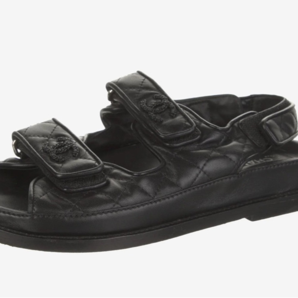 CHANEL Black Quilted Leather Velcro Sandals with CC Logo - Picture 2 of 5